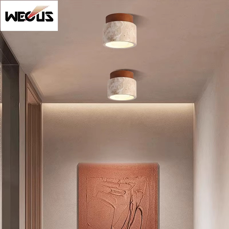 Wecus Mid-Century LED-Deckenleuchte im Wabi Sabi Stil, Travertin-Design in Beige, zylindrische Ringform für Flur und Balkon - Bild 2