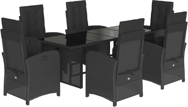 vidaXL 7-teilige Garten-Essgruppe aus schwarzem Poly-Rattan mit Glasplatte und Kissen - Bild 1