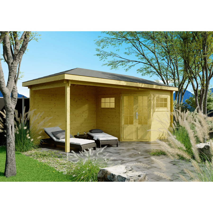 Fjordholz Gartenhaus Modell Evelyn 2C 5-Eck aus imprägnierter Kiefer in Braun und Gelb mit Fenster und Tür - Bild 2