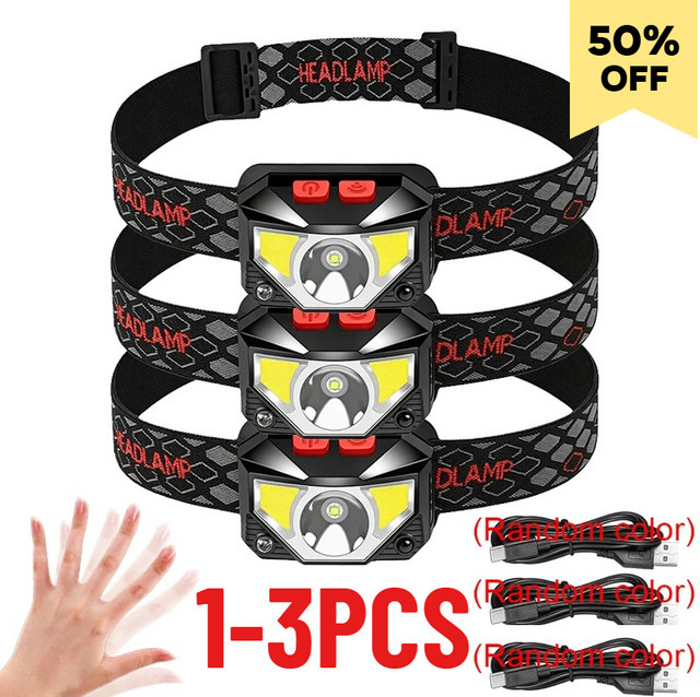 XIWANGFIRE wiederaufladbare LED-Stirnlampe mit Bewegungssensor, COB- und LED-Beleuchtung, weißes und rotes Licht, Set in Schwarz - Bild 1