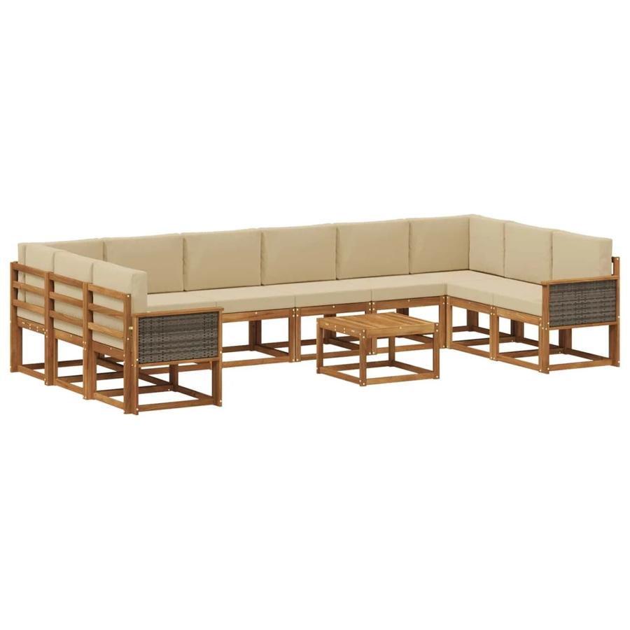 vidaXL Outdoor-Sofagarnitur aus Massivholz Akazie in Natur und Beige, 11-teiliges L-Shape Set mit Polstern und Armlehnen - Bild 2