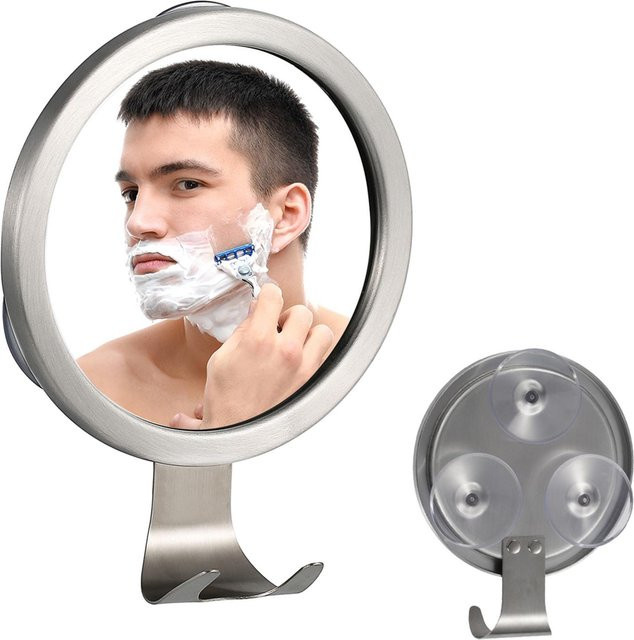 Igeteck Rasierspiegel mit Saugnapf und Rasierhaken, silberner Wandspiegel für Badezimmer und Dusche - Bild 1