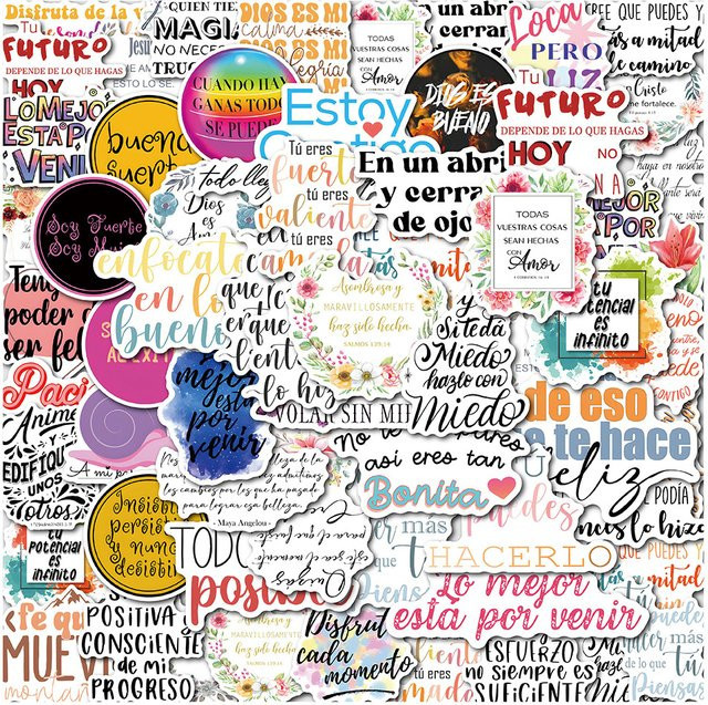 Spanische inspirierende Zitate Aufkleber mit Cartoon motivierenden Phrasen in Multicolor für Scrapbook, Handyhüllen und Gepäck - Bild 1