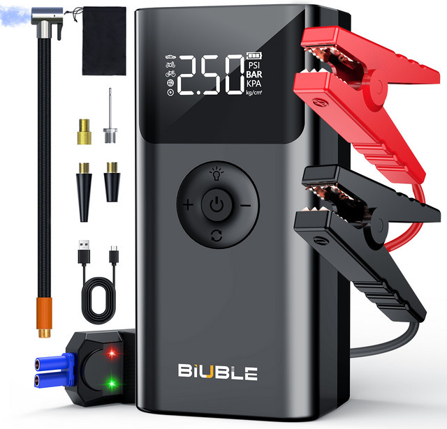 BIUBLE 8000A PEAK Auto-Notstarter mit tragbarem Luftkompressor und 150PSI digitalem Reifendruckmesser, 26800mAh Hochleistungsakku und 3-Modus-LED-Taschenlampe, Schwarz - Bild 1