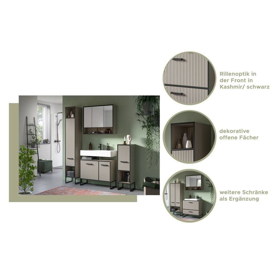 Badezimmer-Set BAGNO mit Waschbeckenunterschrank und Spiegelschrank in Schwarz und Kaschmirgrau mit Rillenoptik, B/H/T: 80 x 192 x 36 cm - Bild 1