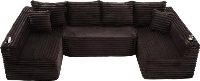 U-förmiges Cord-Sofa GOMYWAY Home in Braun mit integriertem Getränkehalter und Seitentasche, Federkernpolsterung, B: 320 cm, T: 155 cm, H: 88 cm - Bild 1