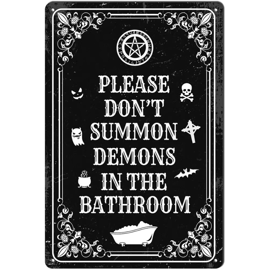 POBBUK Halloween Metallschild Bitte schlage Dämonen im Badezimmer nicht Wanddekoration Goth Schwarz - Bild 5