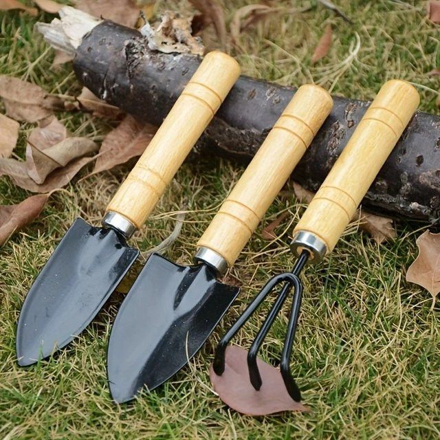 Dreiteiliges Mini-Gartenwerkzeug-Set mit Holzgriffen bestehend aus Schaufel und Rechen für Topfpflanzen - Bild 1