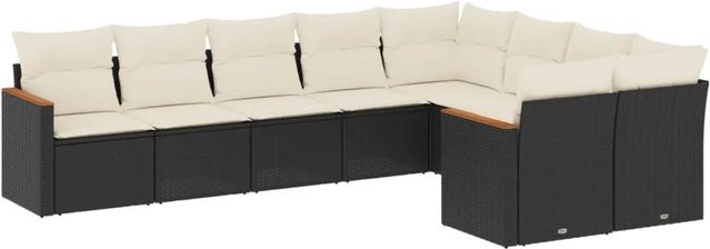 vidaXL 9-tlg. Garten-Sofagarnitur in L-Form aus Poly-Rattan und Akazienholz mit Kissen in Schwarz - Bild 1