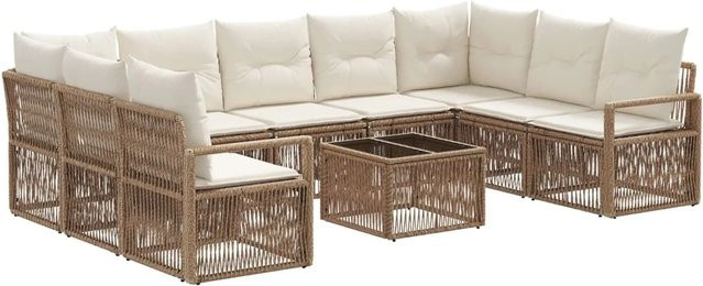vidaXL Gartensofa-Set 10-teilig aus Poly-Rattan in Beige mit Polsterkissen und pulverbeschichtetem Stahlgestell - Bild 1