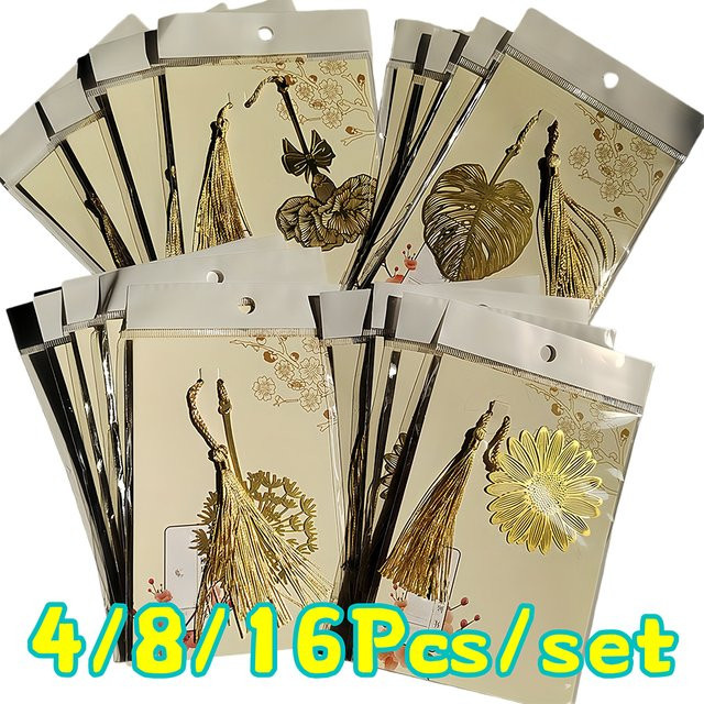 TWBEB Lesezeichen-Set aus Metall in Gold mit 4 bis 16 Motiven wie Nelke, Löwenzahn, Sonnenblume, Schildkröte und Bambus - Bild 1