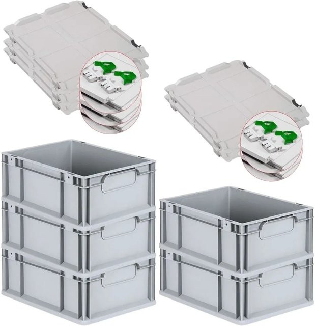 PROREGAL Spar Set 5x Eurobox Nextgen Economy mit Scharnierdeckel und grünen Schiebeschnappverschlüssen, Grau, H x B x T: 17 x 30 x 40 cm - Bild 1
