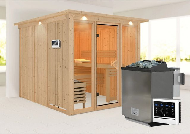 Karibu Sauna Svava mit Glasfront, Naturholz-Set, 9 kW Bio-Saunaofen und externer Steuerung - Bild 1