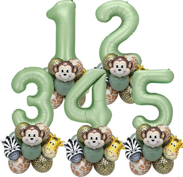 Tissy 24er Set Luftballon-Turm im Dschungel-Safari-Stil mit Tier-Motiven und Zahlenballons in Grün für Kindergeburtstage - Bild 1