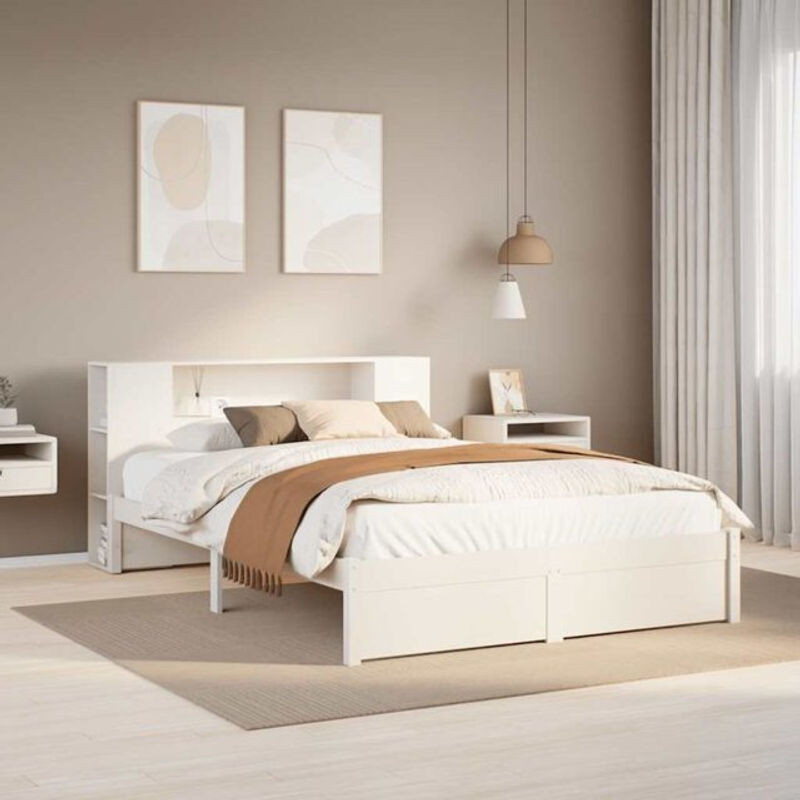 Massivholzbett mit Regal von Vidaxl aus Kiefer in Weiß, B/T/H: 160 x 200 x 82 cm - Bild 1