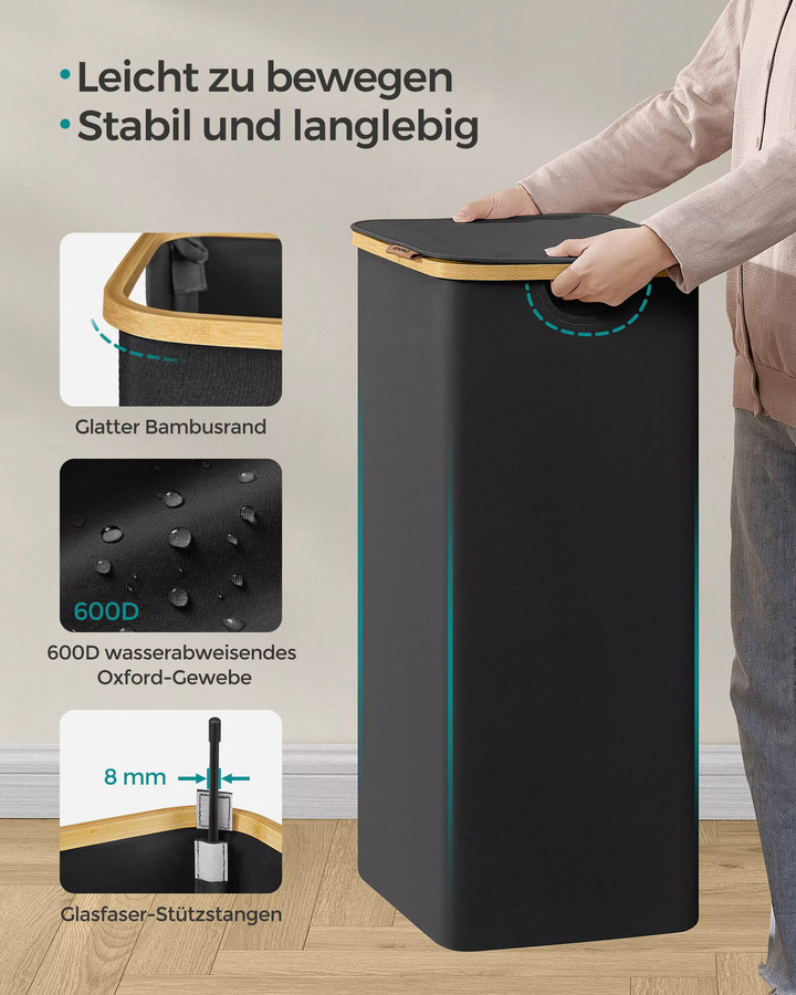 Songmics Wäschekorb mit Deckel und herausnehmbarem Wäschesack, 90 l, Grau, Oxford-Gewebe mit Bambus-Griffen - Bild 3