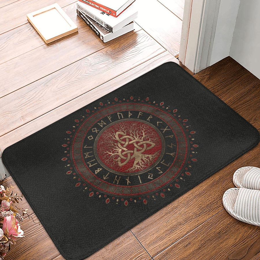 Flanell-Fußmatte Living Need F mit Nordischem Baum des Lebens und Wikinger-Runen-Design, Mehrfarbig, B/T: 60 x 40 cm - Bild 2