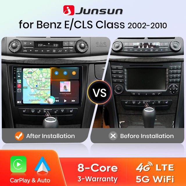 Junsun CarPlay Android Auto Multimedia Radio für Mercedes Benz E-Klasse W211 E300 (2002-2010) mit Bluetooth, GPS, WiFi und 9,0 Zoll Display in Schwarz - Bild 1