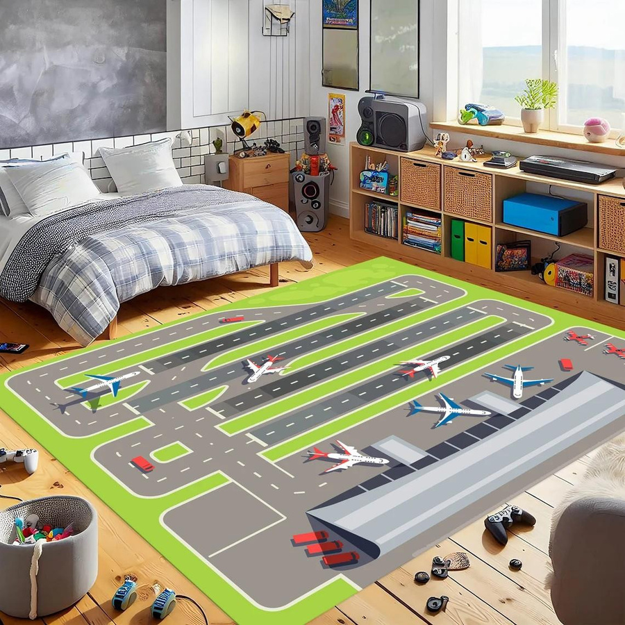 Karpetti Kinderteppich Flughafen Landebahn, Rutschfeste Bodenmatte für Kinderzimmer und Wohnzimmer, Mehrfarbig, B/T: 60 x 40 cm - Bild 1