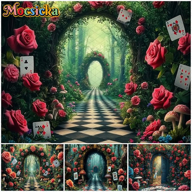 Mocsicka Fotohintergrund Frühling mit grünem Waldweg, Rosen und Pilzen in Mehrfarbig - Bild 1