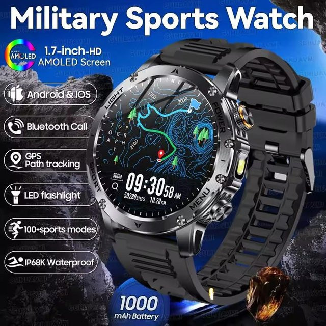 Apex AK87 Smartwatch für Herren mit 1,7 Zoll großem Bildschirm, GPS-Tracking, Herzfrequenzmessung, 3ATM Wasserdichtigkeit und kabelloser Anruffunktion, Farbe: Schwarz, Silikonarmband - Bild 1