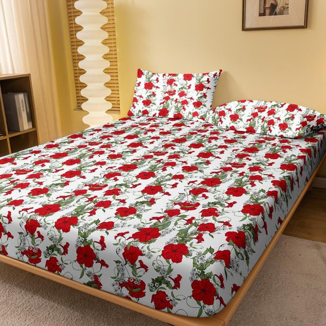 Modernes Bettwäsche-Set mit Pflanzenblumen-Druck in Multicolor, Spannbettlaken und Bettdecke, B/T: 132 x 71 cm - Bild 1