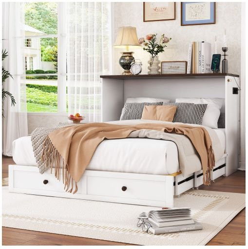 MUVOE Ausziehbett in Weiß mit Schubladen und USB-Ladeport, modernes Design aus Massivholz, B/T: 140 x 200 cm - Bild 1