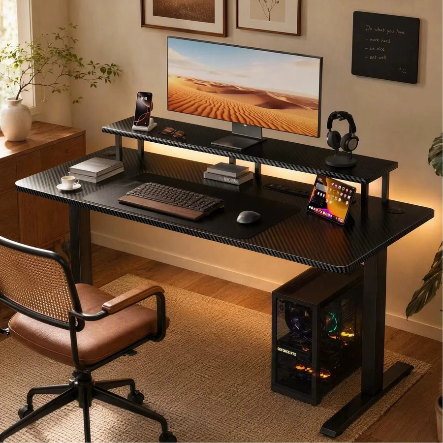 FRODROVIA Elektrisch höhenverstellbarer Sitz-Steh-Bürotisch in Schwarz mit integrierten Steckdosen und USB-Anschlüssen für Home Office und Gaming - Bild 2