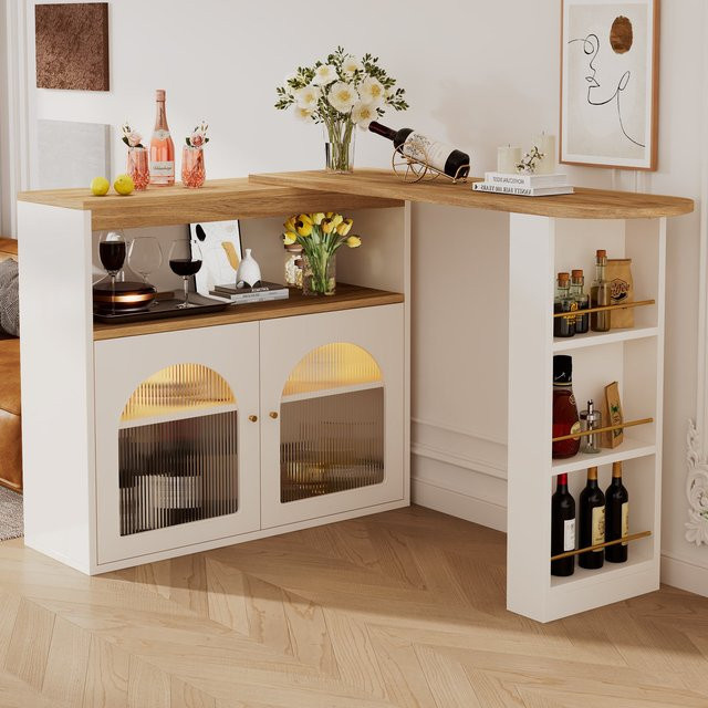 Aosom Drehbarer Bartisch mit LED Glasfront und integriertem Stauraum in Weiss, B/T/H: 138-193 x 39 x 105 cm - Bild 1