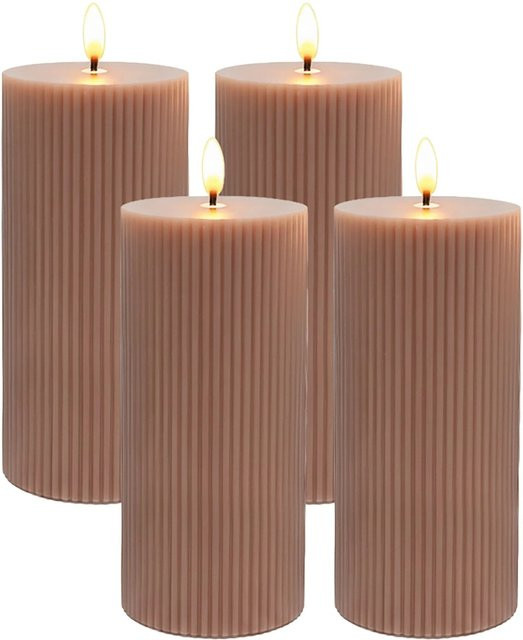 Relaxdays LED Echtwachs Stumpenkerzen 4er Set in Altrosa mit Flackerndem Effekt und Rillen-Design, Höhe: 18 cm - Bild 1