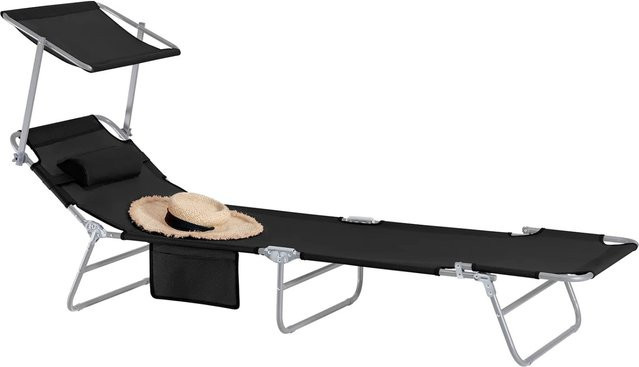 SoBuy Gartenliege aus Metall mit Sonnendach und Kopfkissen, klappbar, Schwarz, OGS48-SCH - Bild 1