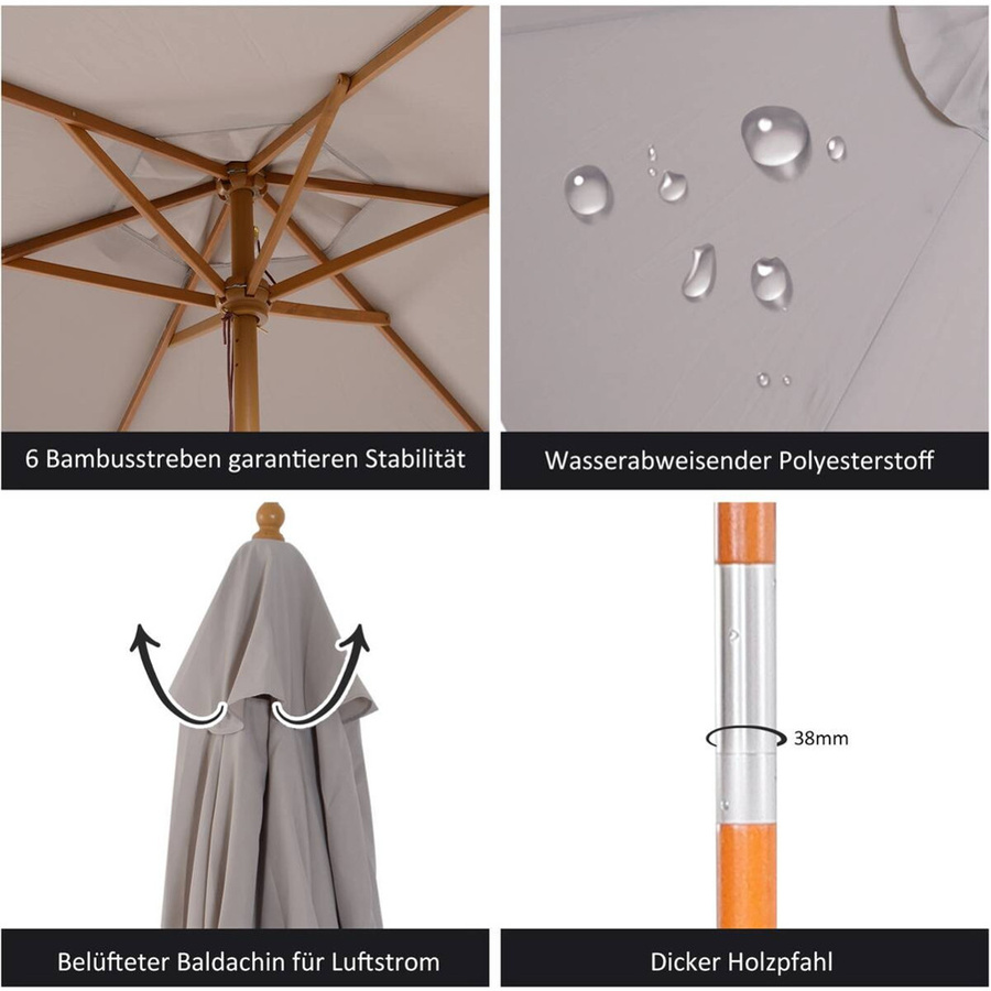 Outsunny Sonnenschirm aus Bambus und Polyester in Grau, Durchmesser: 250 cm, Höhe: 230 cm - Bild 2