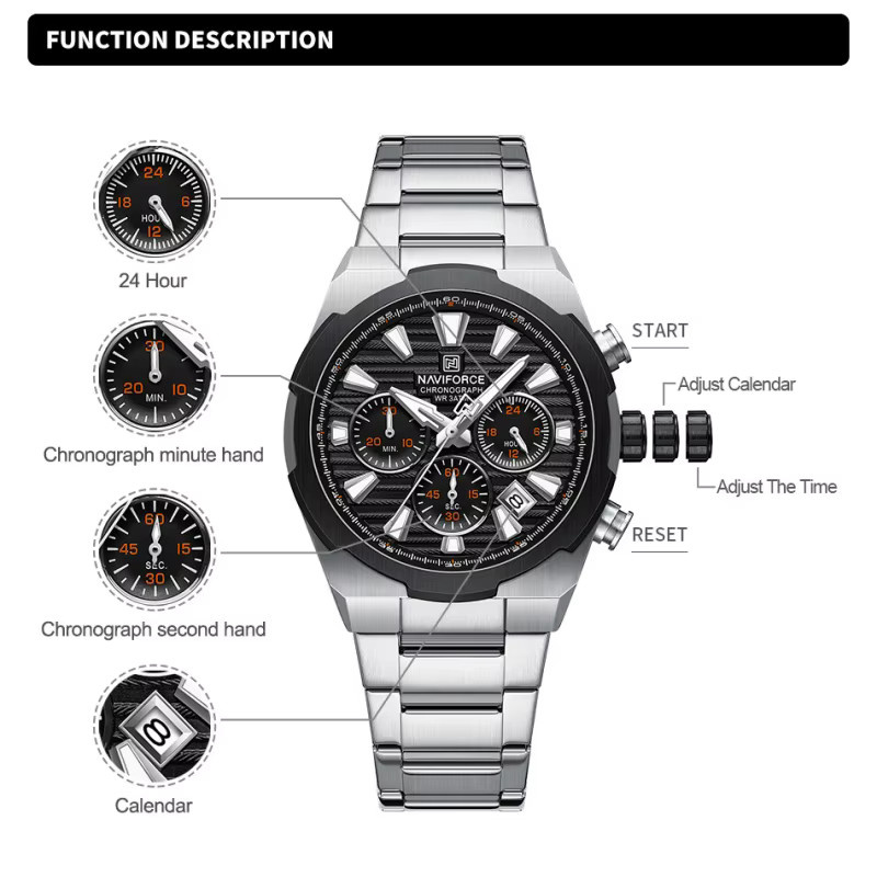 NAVIFORCE Chronograph, Quarz, Edelstahl, Schwarz, Herren - Bild 4