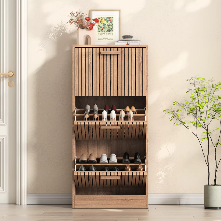 Comanlai Moderner Schuhschrank aus Holz in Braun mit 3 Klappschubladen und Belüftung, Freistehendes Schuhregal für Flur und Wohnzimmer - Bild 2