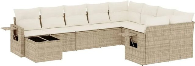 vidaXL 10-tlg. Garten-Sofagarnitur in L-Form mit Kissen und Couchtisch, Beige/Weiß, Poly-Rattan mit Metallgestell - Bild 1