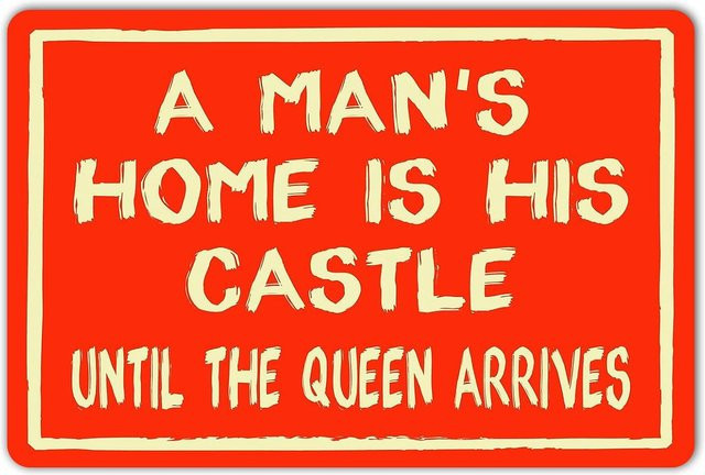 HomDeo Retro-Metallschild Ein Manns Zuhause ist sein Schloss bis die Königin kommt im Vintage-Stil, Farbe: Rot, B/H: 20,0 x 14,0 cm - Bild 1