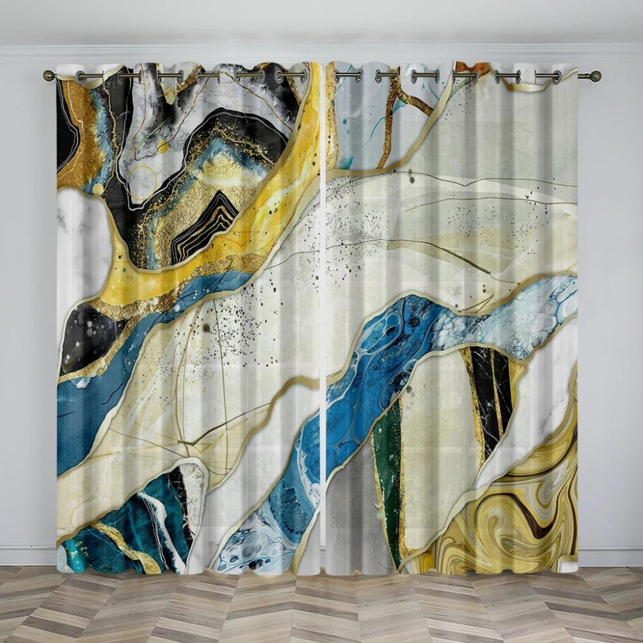 2er-Set Yiran Furniture Vorhänge mit Marmor-Textur in Gelb, Blau, Grau und Gold, halbtransparent, Polyester, B: 100 cm, H: 130 cm - Bild 2