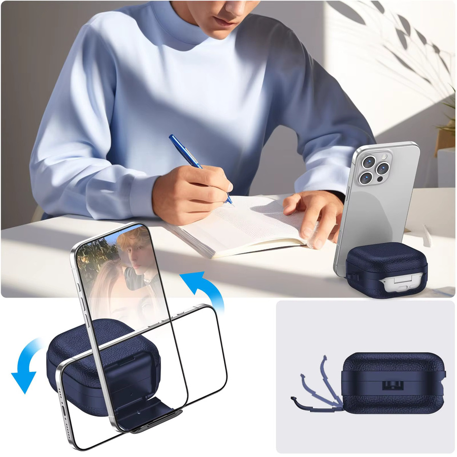 Ledertextur Etui für Samsung Galaxy Buds 4/4 Pro in Blau mit Telefonständer und Karabiner - Bild 3