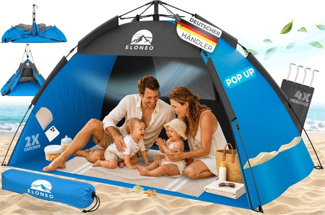 ELONEO Pop Up Strandmuschel mit UV-Schutz UPF 80+, Blau, B/T/H: 190 x 100 x 110 cm - Bild 1
