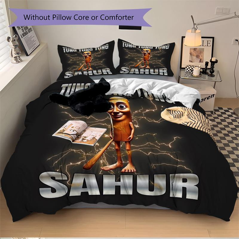 Tung Tung Sahur Bettwäsche-Set aus Polyester, 3-teilig, Schwarz, B/H: 155 x 200 cm - Bild 3