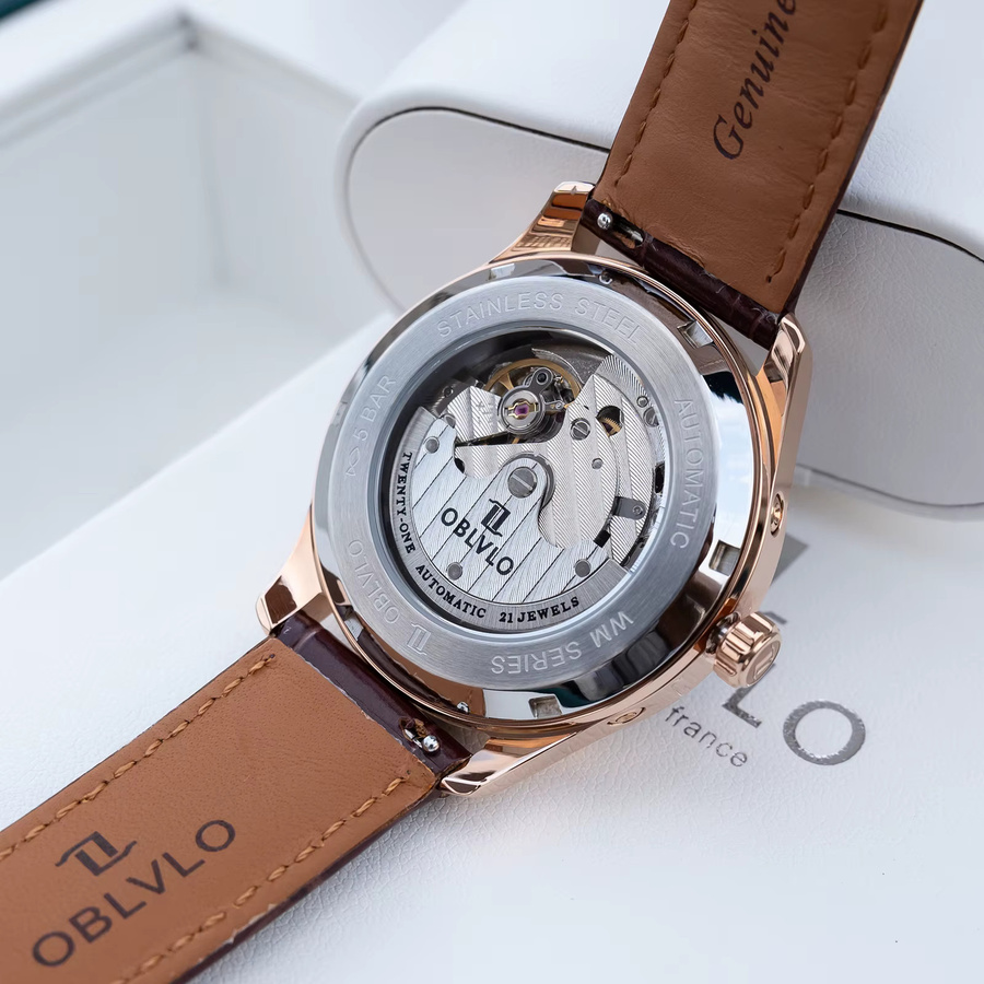 OBLVLO Armbanduhr Automatik, Mondphase, Roségold, Leder, Herren - Bild 4