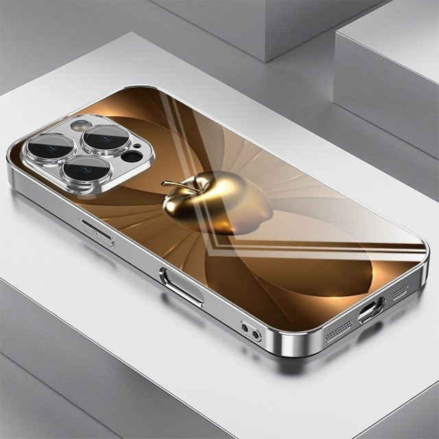 Goldene iPhone Schutzhülle mit gehärtetem Glas und galvanisiertem Metallmuster für verschiedene iPhone Modelle - Bild 1