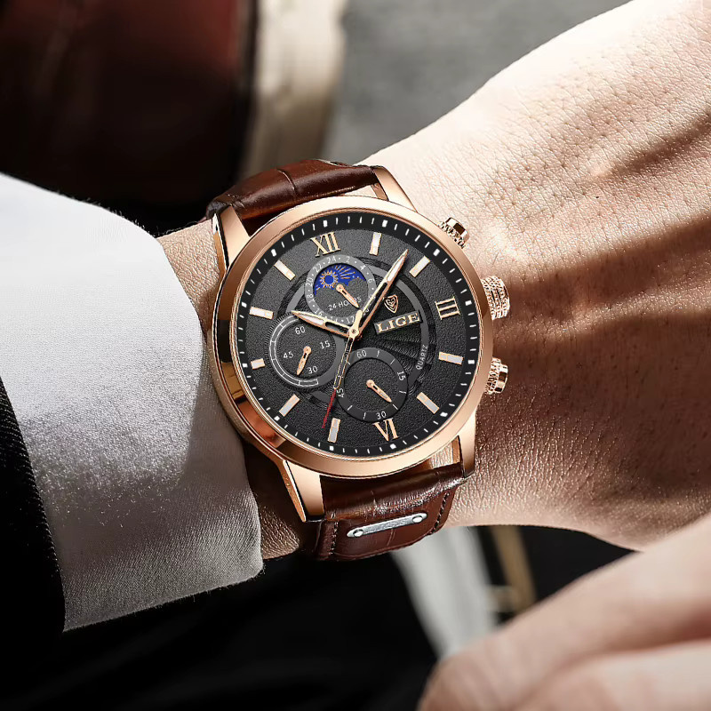 LIGE Armbanduhr Leder, Quarz, Schwarz, Roségold, Herren - Bild 5