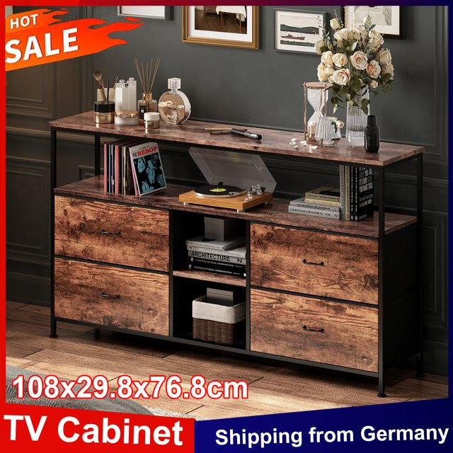 Anajqaqia TV-Schrank im Vintage-Design mit LED-Beleuchtung und 4 Stoffschubladen, Sideboard für Wohnzimmer und Eingangsbereich, B/T/H: 108 x 30 x 76,8 cm - Bild 1