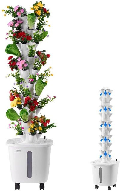 Buying Solutions MB Hydroponisches Anbausystem in Weiß, Vertikaler 10-stufiger Hydroponik-Turm mit 50 Töpfen, Mobiler Hydroponik-Garten auf Rädern inklusive Wasserpumpe für Zimmerpflanzen, Kräuter, Obst und Gemüse - Bild 1