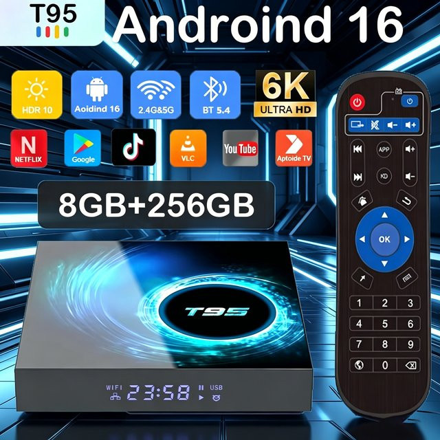 T95 Smart TV Box Android 16 Media Streamer mit 8GB RAM und 256GB Speicher, Allwinner H616, 8K Unterstützung, Netflix, Google Assistant, WLAN 5G und Bluetooth 6.0, Schwarz - Bild 1