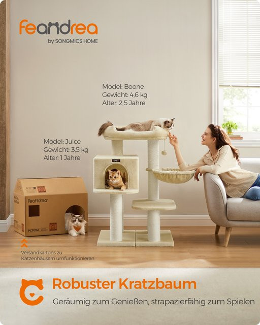 FEANDREA Kratzbaum in Beige mit Höhle, Korb und extra dicken Kratzsäulen - Bild 1