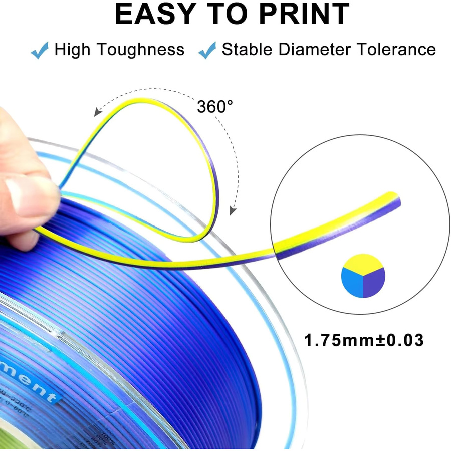 Filajoy3D Dreifarbiges Seiden-PLA-Filament für FDM 3D-Drucker, Blau, Lila und Gelb, 1,75 mm, 500 g - Bild 2