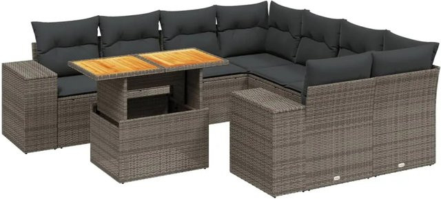 vidaXL 9-teilige Garten-Sofagarnitur in L-Form aus grauem Poly-Rattan mit Kissen und Akazienholz - Bild 1