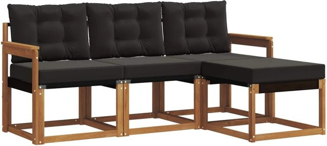 vidaXL Outdoor-Sofagarnitur 4-teilig L-Form aus Akazienholz mit Textilene und Kissen in Schwarz und Natur - Bild 1